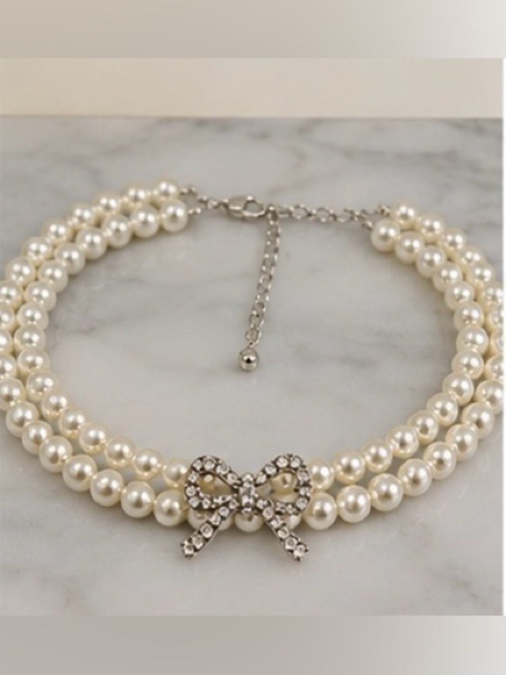 Talbots Faux Pearl Choker Necklace & Bracelet Set | Rhinestone Bow | Bridal - Picture 3 of 6